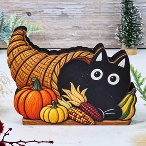 2D フラット サンクスギビング パンプキン キャット コルヌコピア ハーベスト デコレーション、秋の黒猫 居心地の良い季節の棚飾り、居心地の良い秋の家の装飾
