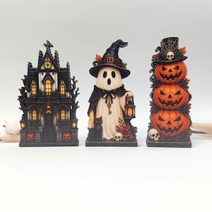 Conjunto de blocos decorativos de madeira para o Halloween, casa assombrada gótica com abóbora fantasma, decoração rústica de outono para prateleiras, bandeja assustadora de vários andares para presente.