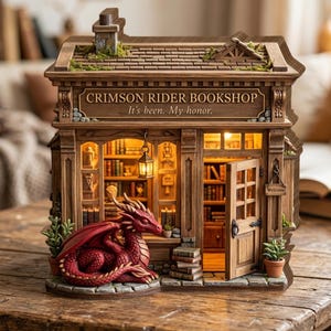 May include: A detailed miniature Crimson Rider Bookshop with a red dragon statue. The shop has a wooden facade, a shingled roof, and a sign that reads "It's been. My honor." The interior is lit, showcasing bookshelves and a welcoming atmosphere.