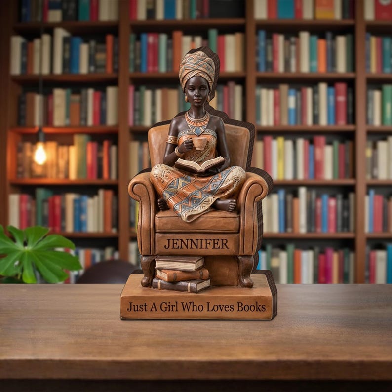 Decoración para lectores afroamericanos, bloque de madera personalizado con figura de mujer leyendo, regalo personalizado para amantes de los libros. imagen 6