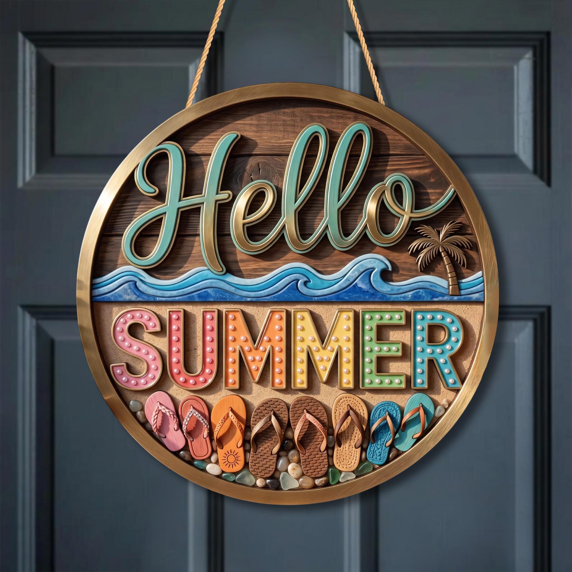 Hello Summer Door Sign, Beach Flip Flop Wreath, Coastal Summer Decor ...