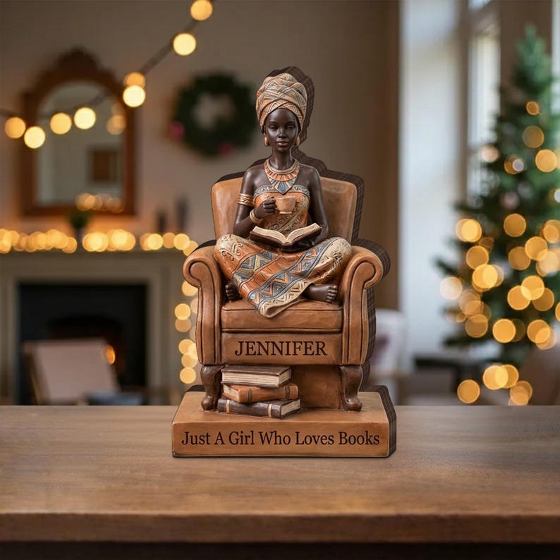 Decoración para lectores afroamericanos, bloque de madera personalizado con figura de mujer leyendo, regalo personalizado para amantes de los libros. imagen 7