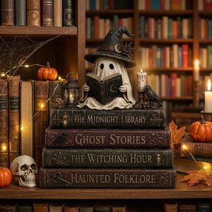 May include: A Halloween-themed bookshelf display featuring a ghost figurine wearing a witch hat and reading a book. The figurine sits atop a stack of antique-style books with titles like "The Midnight Library" and "Ghost Stories". Decorative pumpkins, candles, and a skull complete the spooky scene.