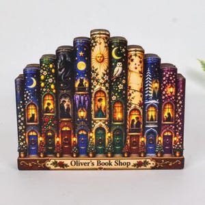 2D Flat Personalized Fantasy Book Stack Wooden Block, Enchanted Miniature Bookshop Decor, Custom Name Library Display, Book Lover Gift