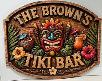 May include: Wooden Tiki Bar sign with the text "THE BROWN'S TIKI BAR". The sign features a carved tiki mask, tropical flowers, cocktails, and palm leaves. The sign is brown with colorful accents.