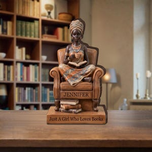 Decoración para lectores afroamericanos, bloque de madera personalizado con figura de mujer leyendo, regalo personalizado para amantes de los libros. imagen 5
