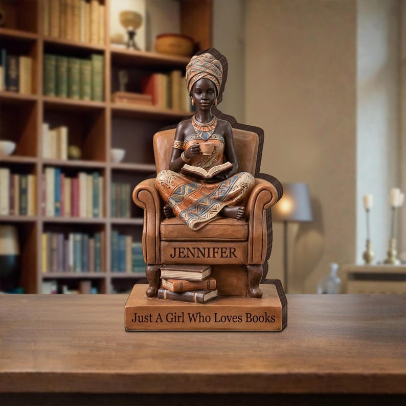 Decoración para lectores afroamericanos, bloque de madera personalizado con figura de mujer leyendo, regalo personalizado para amantes de los libros. imagen 5