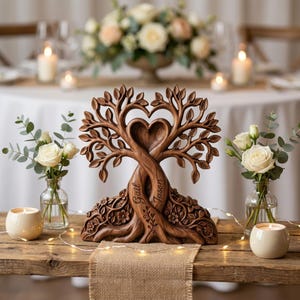 Peut inclure: Une sculpture en bois marron représentant deux arbres entrelacés formant un cœur. Les noms "Gail" et "Jason" sont gravés sur le tronc. La sculpture est ornée de feuilles et de fleurs, et est posée sur une table en bois.
