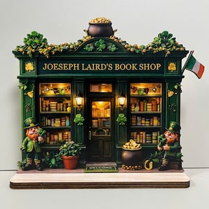 2D Flat Personalized Irish Bookshop Wooden Sign, Shamrock St Patrick's Decor