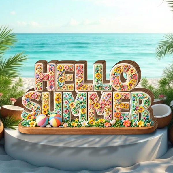 Wooden Hello Summer Sign, Tropical Beach Table Decor, Flamingo Centerpiece, Bright Shelf Art