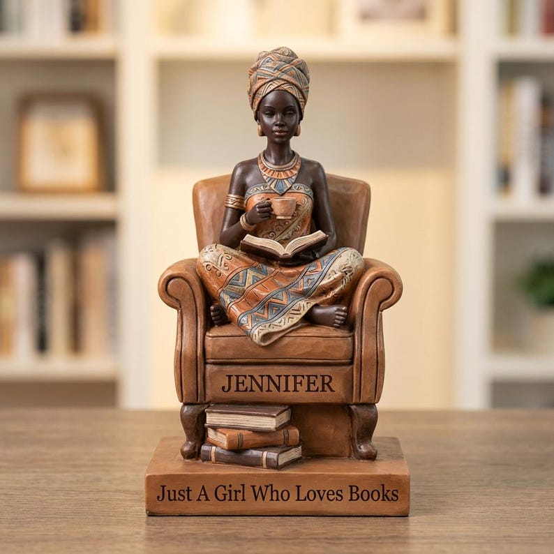 Decoración para lectores afroamericanos, bloque de madera personalizado con figura de mujer leyendo, regalo personalizado para amantes de los libros. imagen 1
