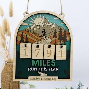 Miles Run This Year Tracker Sign: Personalized Wooden Running Log, Gift for Runner