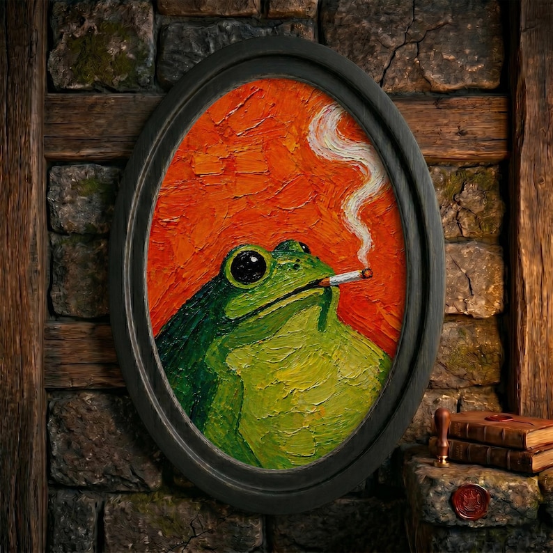 May include: An oval-framed oil painting featuring a green frog with a cigarette in its mouth, exhaling a trail of white smoke against a textured, vibrant orange background. The artwork is encased in a simple black frame with visible brushstrokes.