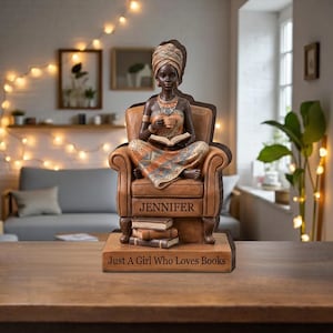 Decoración para lectores afroamericanos, bloque de madera personalizado con figura de mujer leyendo, regalo personalizado para amantes de los libros. imagen 4