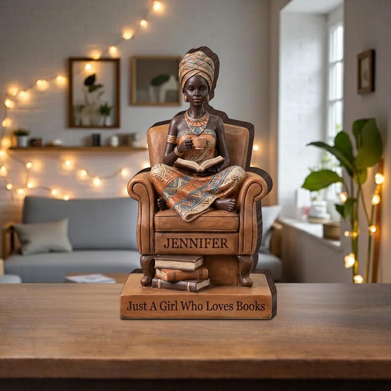 Decoración para lectores afroamericanos, bloque de madera personalizado con figura de mujer leyendo, regalo personalizado para amantes de los libros. imagen 4