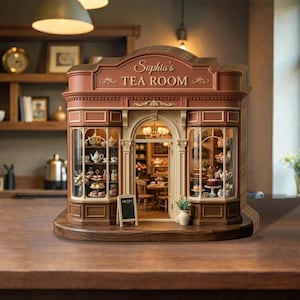 Puede incluir: Una maqueta en miniatura de una casa de té con fachada roja y marrón. El letrero dice "Sophia's TEA ROOM". Las ventanas exhiben juegos de té y pasteles. Un pequeño letrero de pizarra dice "WELCOME".