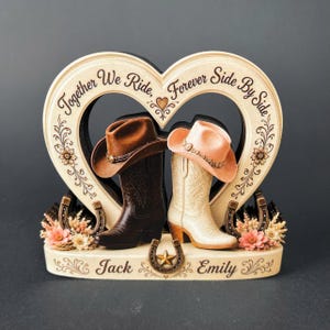 2D Flat Custom Western Couple Wooden Block, Personalized Cowboy Boots Heart Decor, Anniversary Gift for Husband Wife, Rustic Wedding Gift