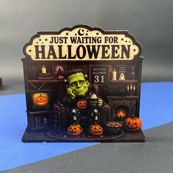 Dekoracja 2D z odliczaniem do Halloween, znak na półce Frankenstein, upiorny stojak na kominek, prezent na Halloween w kształcie potwora, jesienna dekoracja stołu