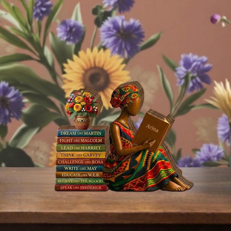 2D Flat African American Woman Reading Wooden Block, Custom Name Wooden Decor, Afrocentric Gifts For Her, Black Girl Magic Art image 6