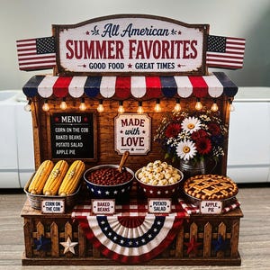 Könnte beinhalten: Ein hölzernes Miniaturmodell eines amerikanischen Sommer-Imbissstandes. Es zeigt ein Schild mit der Aufschrift "All American Summer Favorites" und enthält Miniatur-Maiskolben, gebackene Bohnen, Kartoffelsalat und Apfelkuchen. Amerikanische Flaggen sind auf jeder Seite.