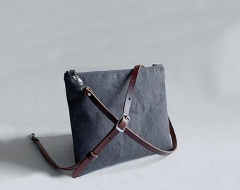 Gray Crossbody Purse in Linen and Leather