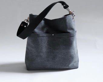 Medium Hobo Bag in Dark Charcoal Color Canvas