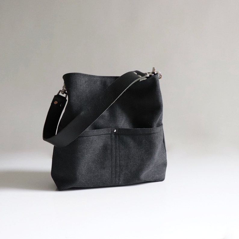 Hobo Bag in Black Canvas, Dark Gray Bucket Bag, Medium Size Tote Bag image 7