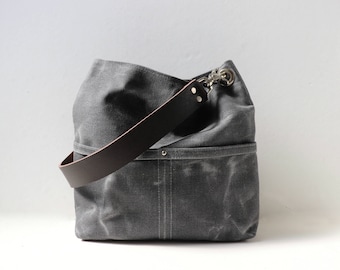 Small Bucket Bag, Waxed Canvas Hobo Tote, Crossbody Purse