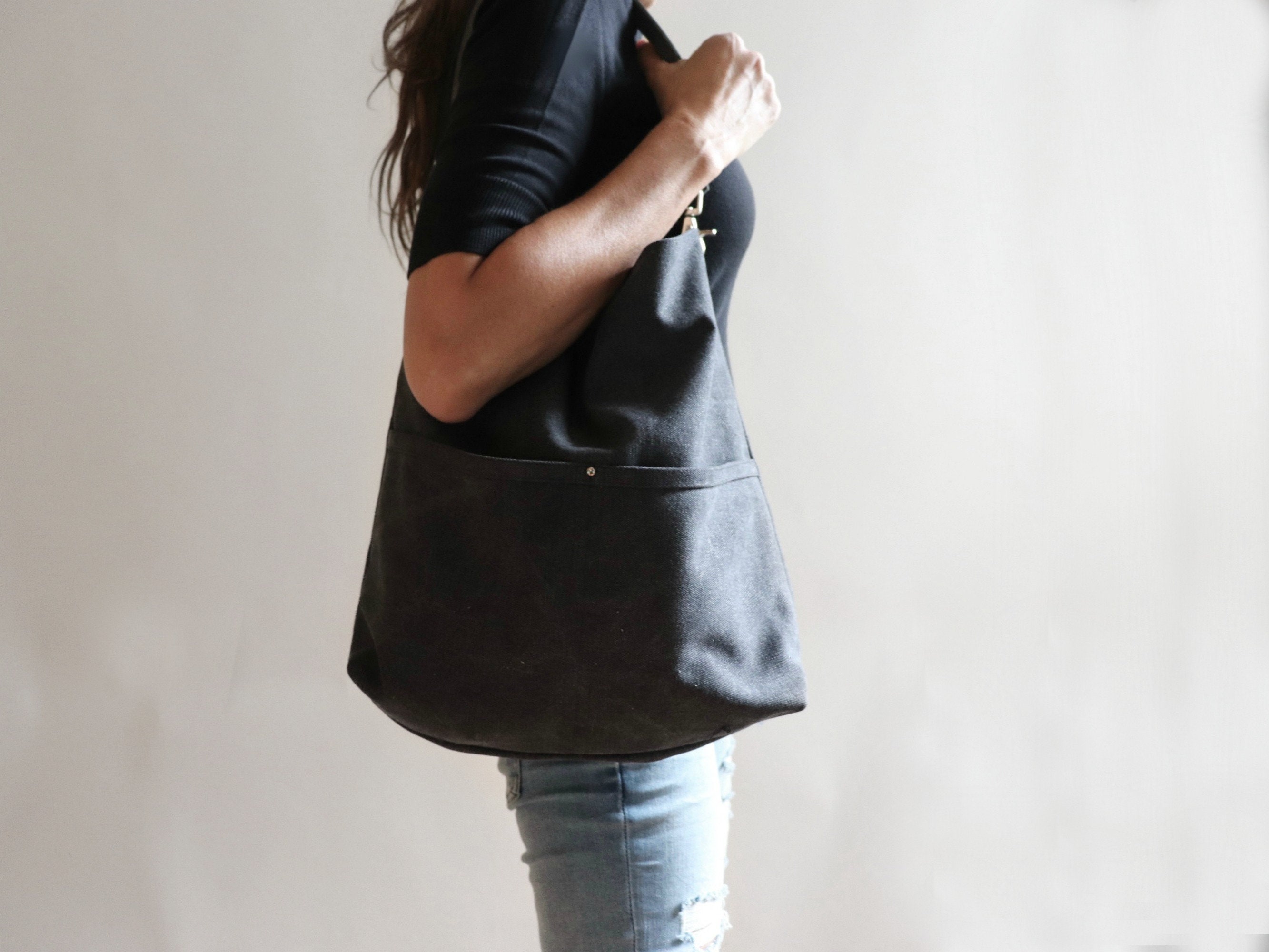 Hobo Tote Bag in Charcoal Gray Distressed Canvas Etsy