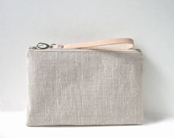 Wristlet, Clutch Bag, Natural Linen Wristlet, Minimalist Clutch