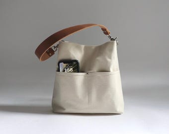 Bucket Bag in Natural Canvas, Hobo Tote Bag, Medium Size Purse