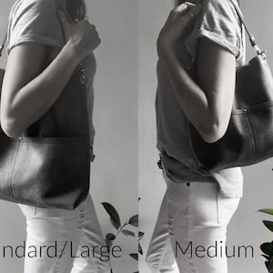 Comparison view of medium size bag and large size bag on model.