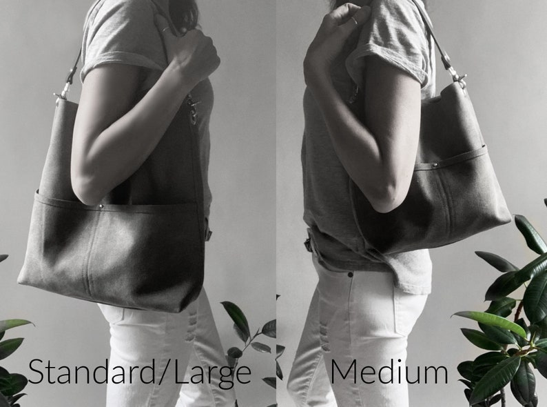 Comparison view of medium size bag and large size bag on model.