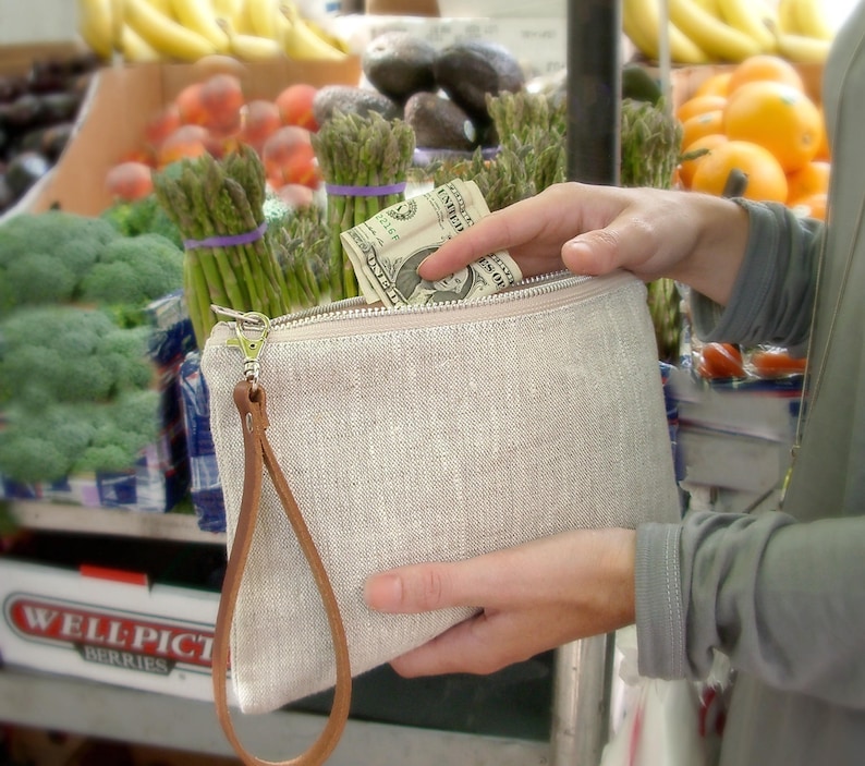 Clutch Bag in Natural Linen, Simple Linen Wristlet image 10