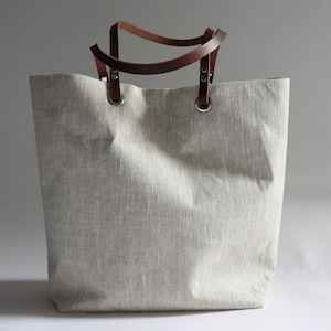 Natural Textured Linen Tote Bag with Leather Straps.