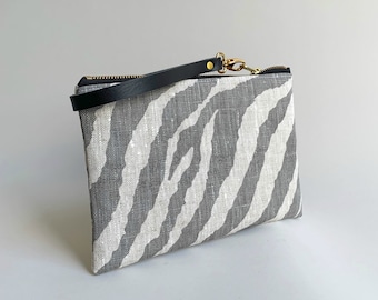 Linen Clutch Bag in Neutral Gray Zebra Print