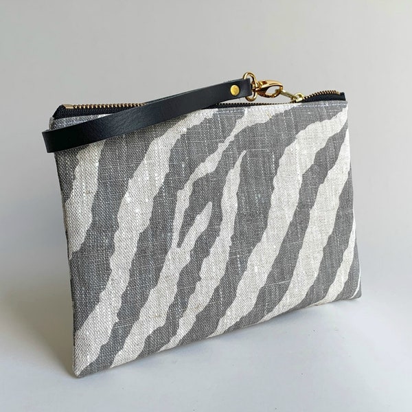 Linen Clutch Bag in Neutral Gray Zebra Print