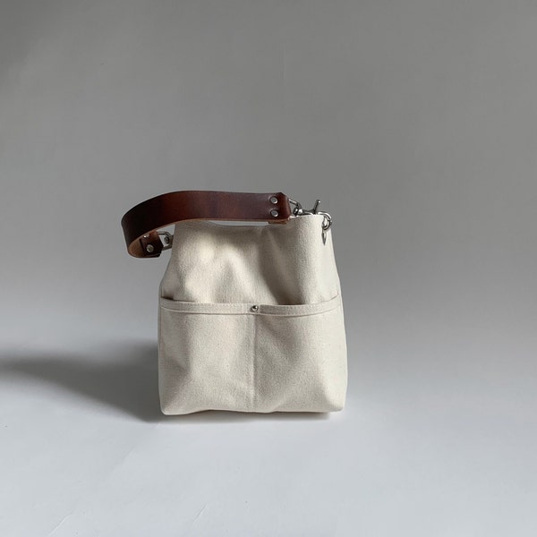 Mini Bucket Bag, Small Crossbody Bag in Natural Canvas