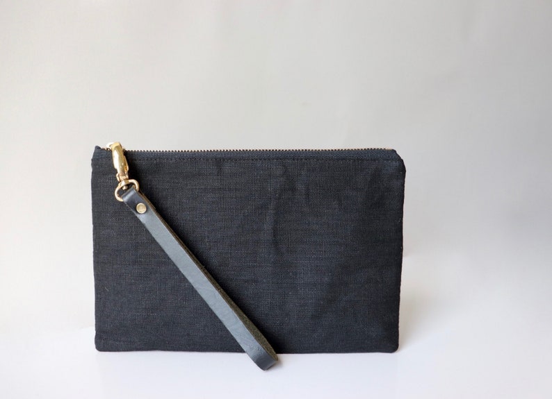 Black Clutch Bag, Wristlet in Black Linen, Little Black Bag image 4