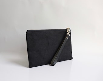 Black Clutch Bag, Wristlet in Black Linen, Little Black Bag