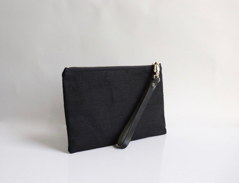 Black Clutch Bag, Wristlet in Black Linen, Little Black Bag image 1