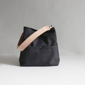 Hobo Bag in Black Canvas, Dark Gray Bucket Bag, Medium Size Tote Bag image 5