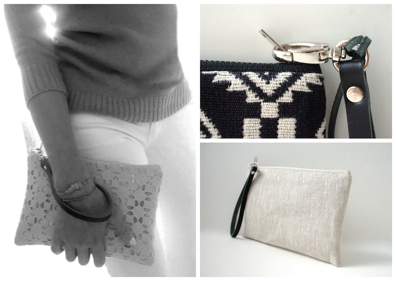 May include: Three different styles of clutches. The first is a black and white geometric patterned clutch with a black leather strap. The second is a white crocheted clutch with a black leather strap. The third is a light beige linen clutch with a black leather strap.