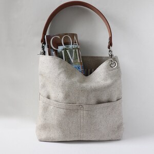 Casual Bag, Simple Tote in Woven Linen with Leather Strap image 8