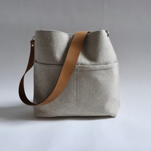 Casual Bag, Simple Tote in Woven Linen with Leather Strap
