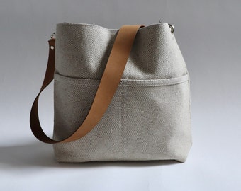 Casual Bag, Simple Tote in Woven Linen with Leather Strap