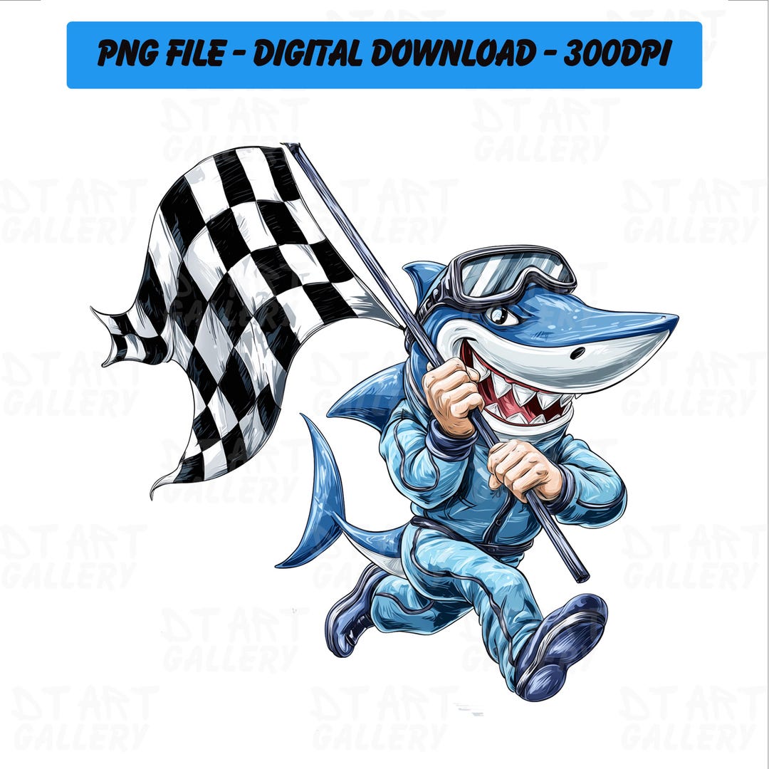 White Shark Racing Cartoon Shark Racer Clipart - Playful Ocean Creature, Racing Gear ...