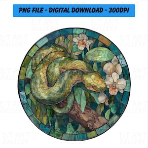 Könnte beinhalten: Digitaler Download-Bild mit einer grünen Schlange, die sich um einen Ast windet, umgeben von weißen Orchideen und grünen Blättern. Das Kunstwerk ist in einem kreisförmigen Buntglasstil mit einem türkis-grünen Rand gerahmt. Der Text oben lautet "PNG FILE - DIGITAL DOWNLOAD - 300DPI."