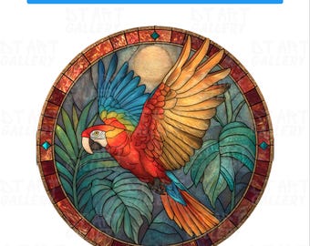 つがい　オウム　ステンドグラス オウムのステンドグラスプリントセット：鮮やかな鳥の絵5枚（デジタル