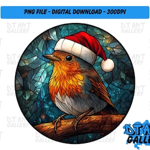 Robin Bird Santa Hat Round Stained Glass Clipart - Download digital - Arquivo PNG de alta qualidade - Perfeito para camisetas, adesivos, canecas e muito mais